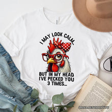 Carregar imagem no visualizador da galeria, Pecking Chicken T-Shirt, Red Glasses and Bow White Tee for Sassy Women