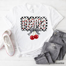 Cargar imagen en el visor de la galería, Checkered Cherry Disco Mama T-Shirt, White and Natural Coquette Bow Tee for Trendy Mothers