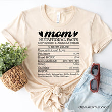 Carregar imagem no visualizador da galeria, Mom Nutritional Facts Funny T-Shirt, White and Natural Mom Life Tee for Exhausted and Caffeinated Mothers
