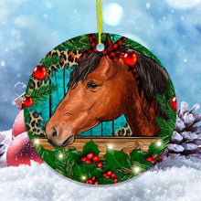 Load image into Gallery viewer, Elegant Brown Horse in Christmas Wreath Ornament
