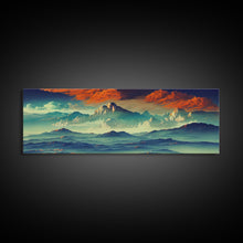 Load image into Gallery viewer, Beautiful Fantasy Mountain Landscape With Orange Clouds, Framed Canvas Print, Ready To Hang Panoramic Wall Decorr
