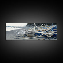 Carregar imagem no visualizador da galeria, Driftwood, Panoramic Framed Canvas Print, Pacific Northwest / Washington State Driftwood Washed Up On The Shore, Extra Wide Format Art