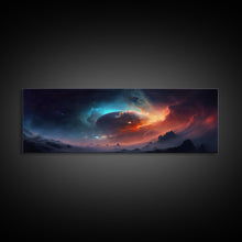 Load image into Gallery viewer, Beautiful Science Fiction Wall Art, Synthwave Style Scifi Art, Framed Canvas Print, Panoramic Alien Worlds and Star Filled Night Sky
