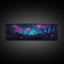 Load image into Gallery viewer, Beautiful Fantasy Forest, Framed Canvas Print, Fantasy Art, Butterflies and Fireflies Light up a Fairy Forest At Night, Framed Wall Art