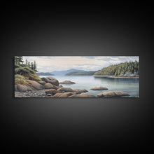 Cargar imagen en el visor de la galería, Colored Pencil Landscape Wall Art Print, Lake, Riverbank, River, Trees, Mountain, Large Canvas Art Print, Panoramic, Wall Art, Canvas Print