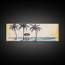 Load image into Gallery viewer, Couple In Beach Scene Art, Minimalist Beach Canvas Art Print, Palm Trees, Canvas Wall Art Beach, Panoramic, Wall Art, Canvas Print