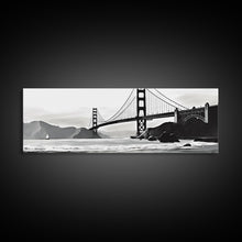 Load image into Gallery viewer, Black And White Suspension Bridge Canvas Print, Large Urban Art Print, Sailboat, River, Landscape, Panoramic, Wall Art, Canvas Print