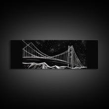 Load image into Gallery viewer, Black And White Suspension Bridge Canvas Print, Large Urban Art Print, Line Art, Chalk Wall Decor, Panoramic, Wall Art, Canvas Print