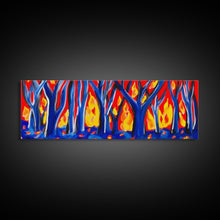 Cargar imagen en el visor de la galería, Forest On Fire, Red Flames, Blue Trees, Abstract Forest Art, Canvas Wall Decor, Large Art Print, Panoramic, Wall Art, Canvas Print