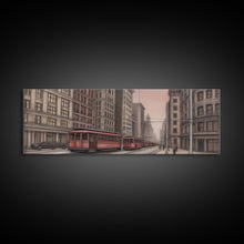 Cargar imagen en el visor de la galería, Colored Pencil Streetcar Urban Art Print, Red Train, Tram In The City, Sketch Art, City Art, Urban Print, Panoramic, Wall Art, Canvas Print