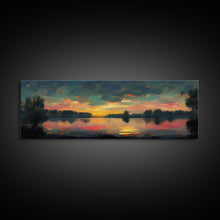Cargar imagen en el visor de la galería, Cool Sunset Over The Lake, Ready To Hang Canvas Print, Panoramic Art, Lakehouse Wall Decor, Lake House Art, Beach House Art
