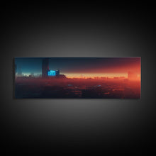 Load image into Gallery viewer, Cyberpunk Cityscape, Ready To Hang Canvas Print, Panoramic, Cyberpunk Concept Art, Cityscape at Sunset, Cool mancave art, gift for him