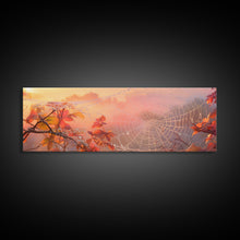 Load image into Gallery viewer, Dew Covered Spiderweb In The Fall, Framed Canvas Print, Autumn Centerpiece, Fall Leaves In The Autumn