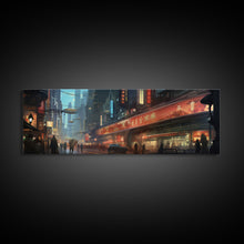 Carregar imagem no visualizador da galeria, Futuristic Cyberpunk City, Framed Canvas Print, Dystopian Art, Metropolis Painting, Unique Office Decor