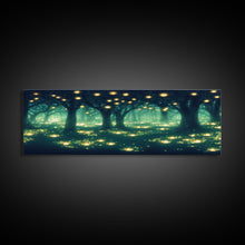 Cargar imagen en el visor de la galería, Fantasy Forest At Night With Fireflies, Extra Large Wall Art, Framed Panoramic Canvas Print, Framed Wall Art