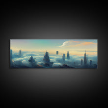 Load image into Gallery viewer, Cyberpunk City Above The Clouds, Futuristic Metropolis, Extra Large Wall Art, Framed Panoramic Canvas Print, Framed Wall Decor