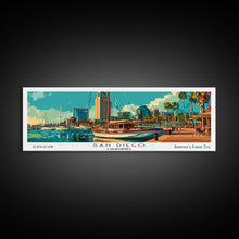 Load image into Gallery viewer, San Diego California Panoramic Painting, Retro Style Framed Canvas Print, Mid Century Modern Wall Art, Pop Art Travel Poster