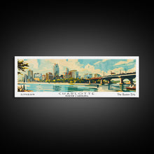 Cargar imagen en el visor de la galería, Charlotte North Carolina Panoramic Painting, Mid Century Modern Framed Canvas Print, Retro Pop Art Travel Poster, Wall Art, Home Decor, Office Art