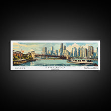 Cargar imagen en el visor de la galería, Chicago Illinois Panoramic Painting, Mid Century Modern Framed Canvas Print, Retro Pop Art Travel Poster, Wall Decor, Gift Idea, Home Decor