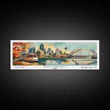 Load image into Gallery viewer, Cincinnati Ohio Panoramic Wall Art, Retro Pop Art Framed Canvas Print, Mid Century Modern Travel Poster, Living Room Decor, Wall Hanging, Office Art