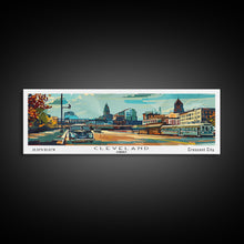 Load image into Gallery viewer, Cleveland Ohio Panoramic Wall Art, Mid Century Modern Framed Canvas Print, Retro Pop Art Travel Poster, Office Wall Art, Living Room Decor