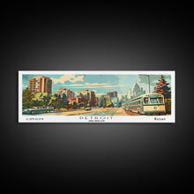 Load image into Gallery viewer, Detroit Michigan Panoramic Wall Art, Mid Century Modern Framed Canvas Print, Retro Pop Art Travel Poster, Office Art, Living Room Decor