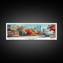 Load image into Gallery viewer, Madison Wisconsin Panoramic Painting, Mid Century Modern Framed Canvas Print, Retro Pop Art Travel Poster, Wall Art, Home Decor, Office Wall Art, Living Room Decor