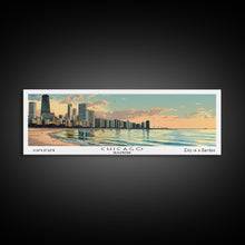 Cargar imagen en el visor de la galería, Chicago Florida Panoramic Painting, Mid Century Modern Framed Canvas Print, Retro Pop Art Travel Poster, Living Room Wall Art, City Art