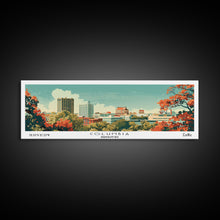 Load image into Gallery viewer, Columbia Missouri Panoramic Wall Art, Mid Century Modern Framed Canvas Print, Retro Pop Art Travel Poster, City Home Decor, Office Wall Art