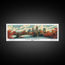 Cargar imagen en el visor de la galería, Columbus Ohio Panoramic Wall Art, Mid Century Modern Framed Canvas Print, Retro Pop Art Travel Poster, City Living Room Decor, Office Wall Art