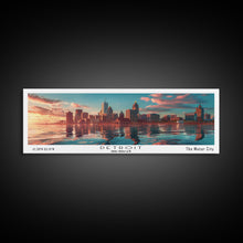 Load image into Gallery viewer, Detroit Michigan Panoramic Painting, Mid Century Modern Framed Canvas Print, Retro Pop Art Travel Poster, City Wall Decor, Home Art