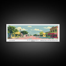 Load image into Gallery viewer, Edinburg Texas Panoramic Wall Art, Mid Century Modern Framed Canvas Print, Retro Pop Art Travel Poster, City Office Art, Living Room Decor
