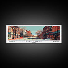Carregar imagem no visualizador da galeria, Evansville Indiana Panoramic Painting, Mid Century Modern Framed Canvas Print, Retro Pop Art Travel Poster, Living Room Wall Art