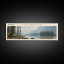Load image into Gallery viewer, Bowman Lake Montana Framed Canvas Print, Panoramic Lake House Decor, Wall Art, Travel Poster, Rustic Lake Painting, Nature Art