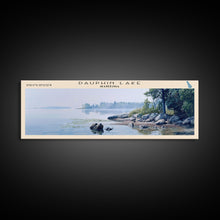 Load image into Gallery viewer, Dauphin Lake Framed Canvas Print, Lake House Decor, Panoramic Wall Art, Travel Poster, Modern Lake Painting, Nature Art