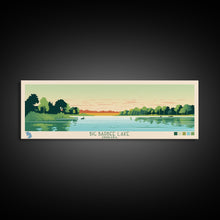 Load image into Gallery viewer, Big Barbee Lake Indiana Framed Canvas Print, Panoramic Travel Poster, Midcentury Modern Wall Art, Pop Art, Nature Living Room Art, Lake House Decor