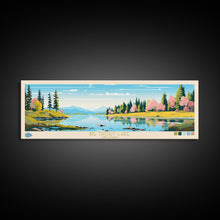 Load image into Gallery viewer, Big Trout Lake Ontario Framed Canvas Print, Panoramic Travel Poster, Midcentury Modern Wall Art, Pop Art, Nature Living Room Art, Lake House Decor