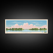 Load image into Gallery viewer, Coralville Lake Iowa Framed Canvas Print, Midcentury Modern Panoramic Wall Art, Living Room Decor, Pop Art, Travel Poster Art, Scenic Nature Painting, Lake House Decor