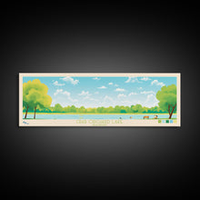 Load image into Gallery viewer, Crab Orchard Lake Illinois Framed Canvas Print, Midcentury Modern Panoramic Wall Art, Living Room Decor, Pop Art, Travel Poster Art, Scenic Nature Painting, Lake House Decor