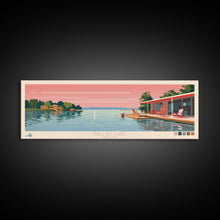 Load image into Gallery viewer, Dallas Lake Indiana Framed Canvas Print, Midcentury Modern Panoramic Wall Art, Bedroom Decor, Pop Art, Travel Poster Art, Scenic Nature Painting