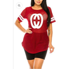 Load image into Gallery viewer, VERSITY STRIPE PRINTED MESH TOP