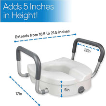 Load image into Gallery viewer, RMS Raised Toilet Seat - 5 Inch Elevated Riser with Adjustable Padded Arms - Toilet Safety Seat for Elongated or Standard Commode