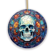 Carregar imagem no visualizador da galeria, Ghastly Grin Spooky Halloween Skull Stained Glass Style Ceramic Ornament, Halloween Themed Christmas Gift and Decor