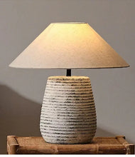 Carregar imagem no visualizador da galeria, Nogy Textured Ceramic Japandi Table Lamp – Ribbed Stone Base with Linen Shade