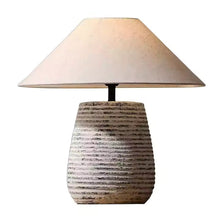 Carregar imagem no visualizador da galeria, Nogy Textured Ceramic Japandi Table Lamp – Ribbed Stone Base with Linen Shade