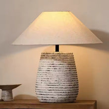 Carregar imagem no visualizador da galeria, Nogy Textured Ceramic Japandi Table Lamp – Ribbed Stone Base with Linen Shade