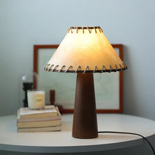 Carregar imagem no visualizador da galeria, Nogy Handcrafted Japandi Table Lamp – Wood + Leather Style Shade, Linen & Natural Parchment Shade