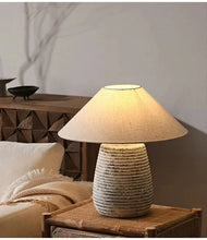 Carregar imagem no visualizador da galeria, Nogy Textured Ceramic Japandi Table Lamp – Ribbed Stone Base with Linen Shade