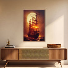Load image into Gallery viewer, Ghost Ship and Full Moon, Spooky Pirate Ship Art, Framed Canvas Print, Ready To Hang Framed Wall Art, Living Room Wall Hanging