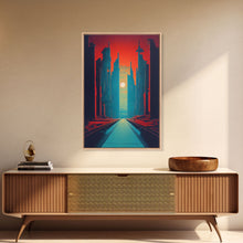 Carregar imagem no visualizador da galeria, Brutalist Art Deco Dystopian City Art, Framed Canvas Print, Ready To Hang Framed Wall Art, Living Room Wall Decor